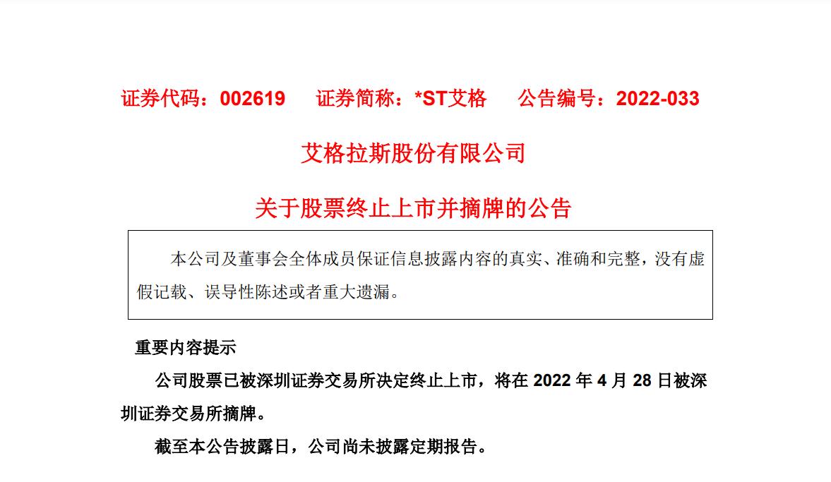 4月28日,艾格拉斯股份有限公司(后简称*st艾格)发布公告称,公司股票已